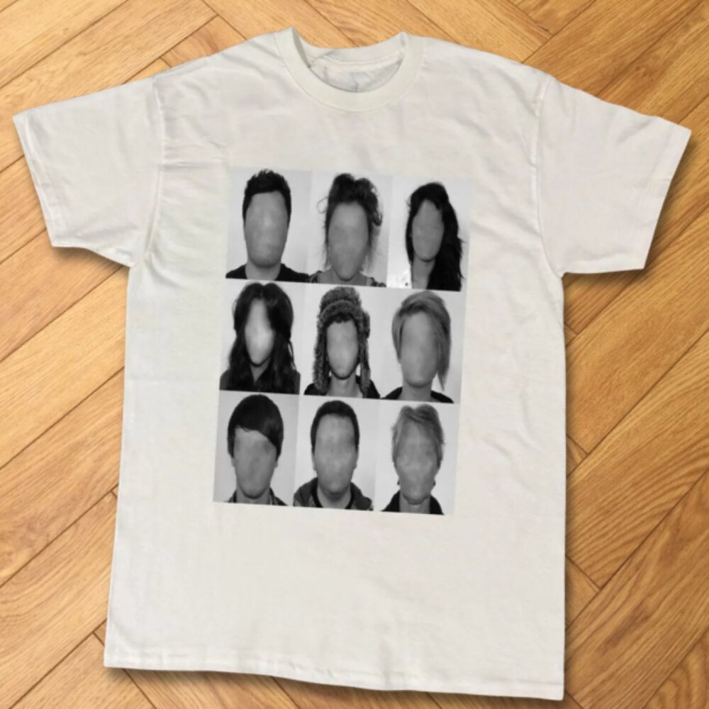 White Faceless Portrait Grid Graphic Tee Artistic Concept Shirt